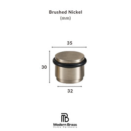 A brushed nickel cylindrical hardware component with dimension labels showing 35 across the top, 30 tall on the left, and 32 across the bottom, on a white background with Modern Brass Home Hardware branding.