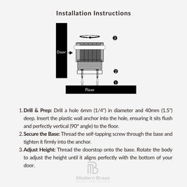 Installation instructions diagram for Modern Brass hardware, showing step-by-step diagrams for double-sided pulls and single-sided pull glass and wooden door installations on a light gray background.