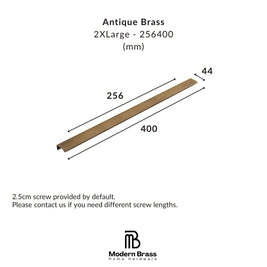 A dimension diagram of an antique brass linear channel, labeled with measurements 256, 400, and 44 mm, on a white background with the Modern Brass Home Hardware logo at the bottom.