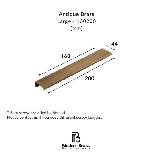 A dimension diagram of an Antique Brass large linear channel fixture by Modern Brass Home Hardware, showing measurements of 160mm length, 200mm depth, and 44mm width, on a white background.
