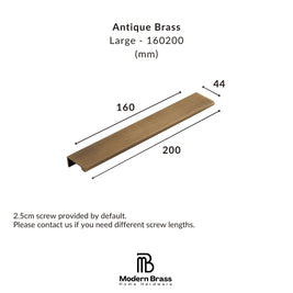 A dimension diagram of an Antique Brass large linear channel fixture by Modern Brass Home Hardware, showing measurements of 160mm length, 200mm depth, and 44mm width, on a white background.