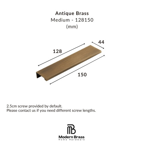 Dimension diagram of an antique brass cabinet pull handle, showing measurements of 150mm length, 128mm span, and 35mm height, with Modern Brass Home Hardware branding.