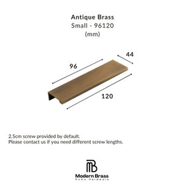 A dimension diagram of an Antique Brass small linear channel from Modern Brass Home Hardware, showing measurements of 120mm length, 96mm depth, and 44mm profile width, with a small brass profile pictured in the center.