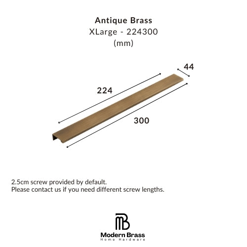 A dimension diagram of an Antique Brass XLarge channel rail, showing a length of 300mm, a width of 44mm, and a depth of 224mm, with the Modern Brass Home Hardware logo at the bottom.