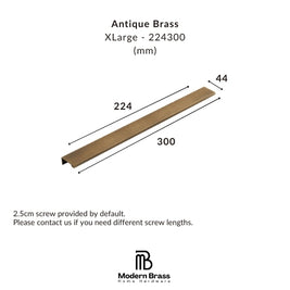 A dimension diagram of an Antique Brass XLarge channel rail, showing a length of 300mm, a width of 44mm, and a depth of 224mm, with the Modern Brass Home Hardware logo at the bottom.