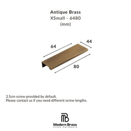 A dimension diagram of an Antique Brass XSmall drawer pull handle, showing measurements of 64mm, 44mm, and 80mm, with the Modern Brass Home Hardware logo at the bottom.