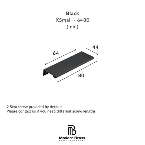 Black XSmall drawer pull handle with dimensions 64mm, 44mm, and 80mm, shown on a white background with Modern Brass Home Hardware branding.