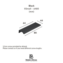 Black XSmall drawer pull handle with dimensions 64mm, 44mm, and 80mm, shown on a white background with Modern Brass Home Hardware branding.