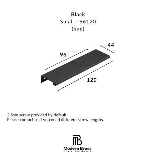 Black metal shelf bracket shown with dimension annotations: 120 mm length, 96 mm width, and 44 mm depth, labeled as Small - 96120. Includes Modern Brass Home Hardware branding and a note about a 2.