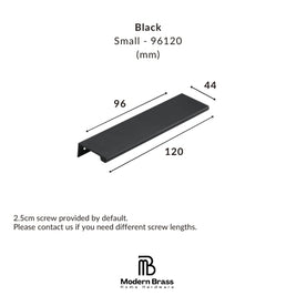 Black metal shelf bracket shown with dimension annotations: 120 mm length, 96 mm width, and 44 mm depth, labeled as Small - 96120. Includes Modern Brass Home Hardware branding and a note about a 2.
