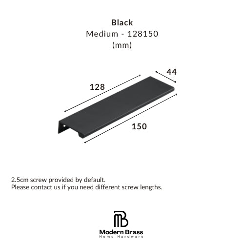 A dimension diagram of a black metal drawer pull handle, labeled with measurements of 128 mm, 150 mm, and 44 mm, on a white background with the Modern Brass Home Hardware logo.