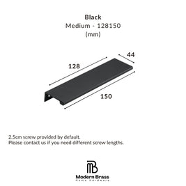 A dimension diagram of a black metal drawer pull handle, labeled with measurements of 128 mm, 150 mm, and 44 mm, on a white background with the Modern Brass Home Hardware logo.