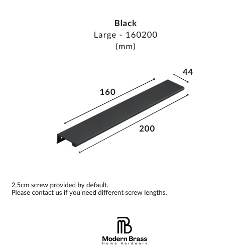 Black large metal channel rail shown with dimension annotations: 160 mm length, 200 mm depth, and 44 mm width, plus text noting a 2.5 cm screw is included by default.