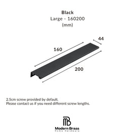 Black large metal channel rail shown with dimension annotations: 160 mm length, 200 mm depth, and 44 mm width, plus text noting a 2.5 cm screw is included by default.