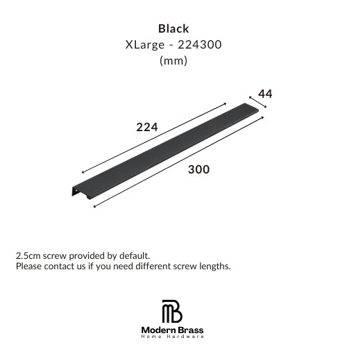 Black XLarge metal channel rail shown with dimension annotations (224 mm, 300 mm, 44 mm) on a white background, with Modern Brass Home Hardware branding at the bottom.