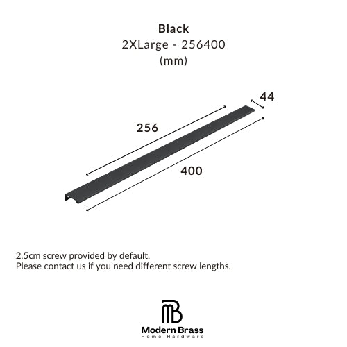 Black 2XL large brass channel strip with dimensions 256mm length, 400mm overall span, and 44mm height, shown with measurement lines and Modern Brass Home Hardware logo.