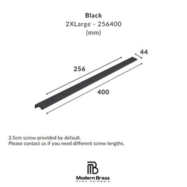Black 2XL large brass channel strip with dimensions 256mm length, 400mm overall span, and 44mm height, shown with measurement lines and Modern Brass Home Hardware logo.