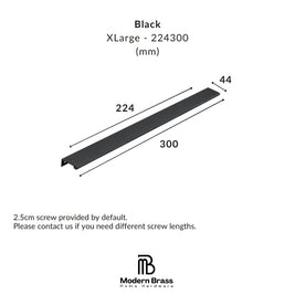 Black XLarge metal channel rail shown with dimension annotations (224 mm, 300 mm, 44 mm) on a white background, with Modern Brass Home Hardware branding at the bottom.