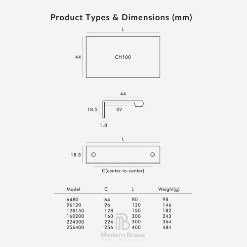 Product dimensions and weight chart for CH100 wall brackets by Modern Brass, showing front and side profile measurements in millimeters plus a size table with model numbers and weights.