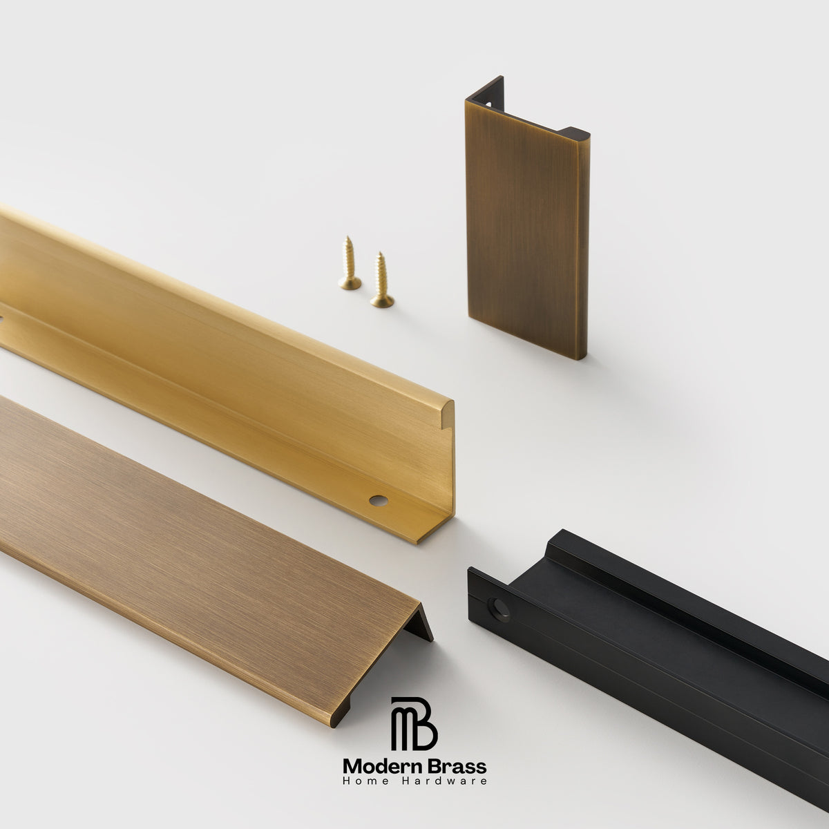 Modern brass home hardware set including brushed brass and black metal brackets, mounting screws, and channel pieces on a clean white background, with the Modern Brass logo at the bottom.