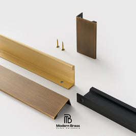 Modern brass home hardware set including brushed brass and black metal brackets, mounting screws, and channel pieces on a clean white background, with the Modern Brass logo at the bottom.