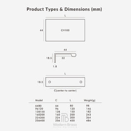 Product dimensions and weight chart for CH100 wall brackets by Modern Brass, showing front and side profile measurements in millimeters plus a size table with model numbers and weights.