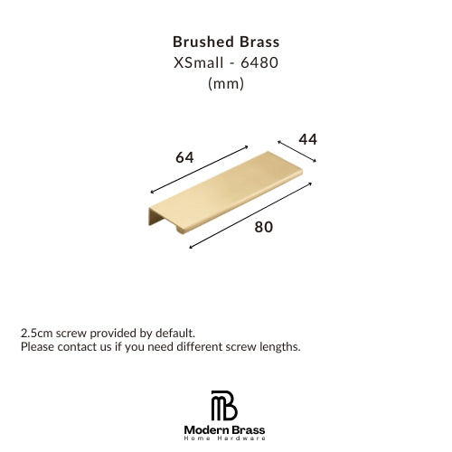 A dimension diagram of a brushed brass drawer pull handle labeled XSmall - 6480 (mm), showing measurements of 64, 80, and 44, with text noting a 2.5cm screw is included by default.