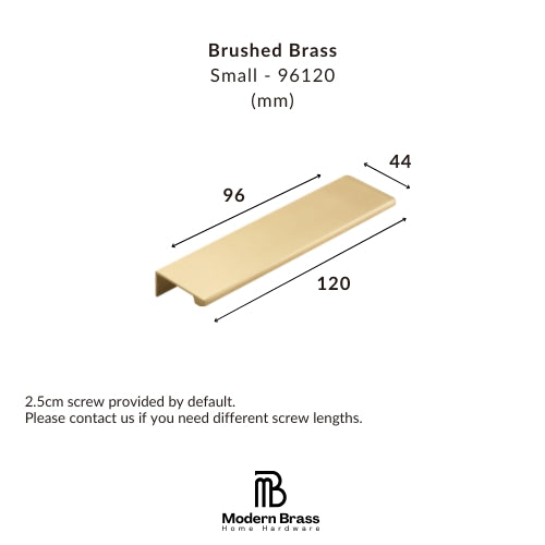 A dimension diagram of a brushed brass small drawer pull on a white background, showing measurements of 96, 120, and 44 mm, with the Modern Brass Home Hardware logo at the bottom.