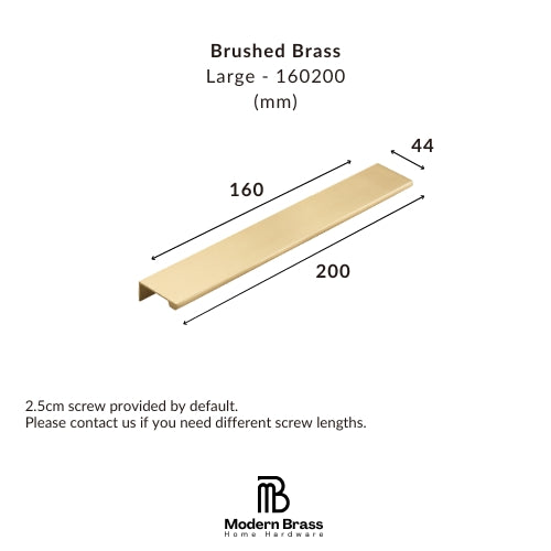 A dimension diagram of a brushed brass shelf labeled 'Large - 160200 (mm)' with measurements 200, 160, and 30, plus text noting a 2.5cm screw provided by default.