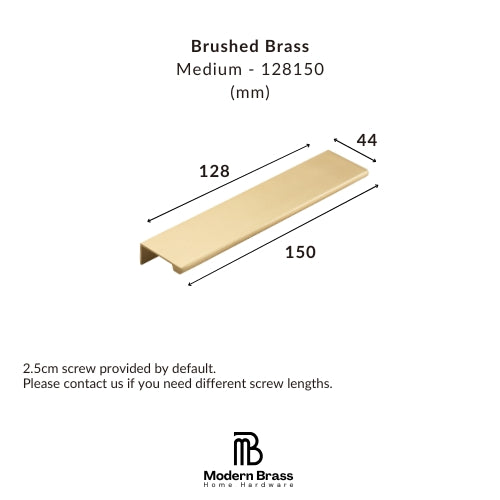 A brushed brass cabinet pull shown on a white background with dimension labels indicating 128 mm length, 150 mm width, and 44 mm depth, plus text noting a 2.5 cm screw is included by default.