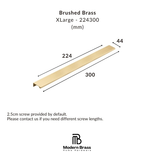 A dimension diagram of a brushed brass XLarge linear channel, showing its length as 300mm, width as 44mm, and depth as 224mm, with the Modern Brass Home Hardware logo at the bottom.