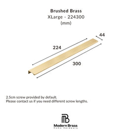 A dimension diagram of a brushed brass XLarge linear channel, showing its length as 300mm, width as 44mm, and depth as 224mm, with the Modern Brass Home Hardware logo at the bottom.