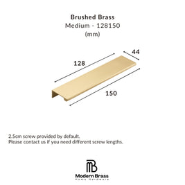 A brushed brass cabinet pull shown on a white background with dimension labels indicating 128 mm length, 150 mm width, and 44 mm depth, plus text noting a 2.5 cm screw is included by default.