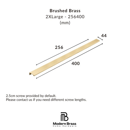 A brushed brass channel rail shown on a white background with dimension labels indicating 256 mm length, 400 mm span, and 44 mm width, plus text noting a 2.5 cm screw is included by default.