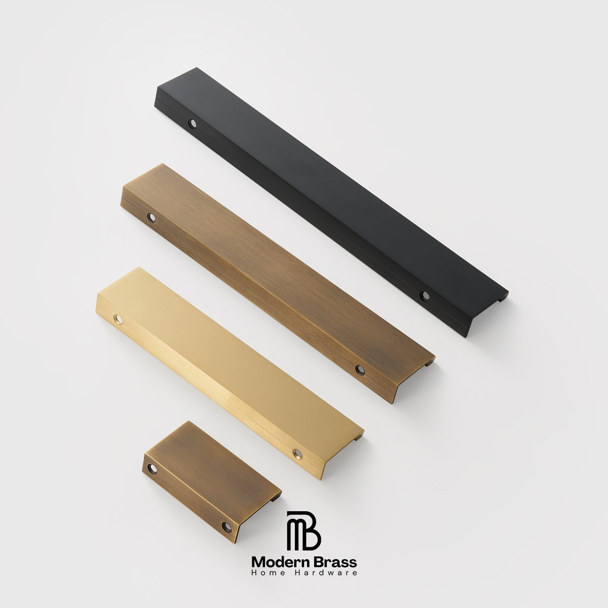 Four linear cabinet hardware pulls in different brass finishes are displayed diagonally on a light gray background, with the Modern Brass logo at the bottom.