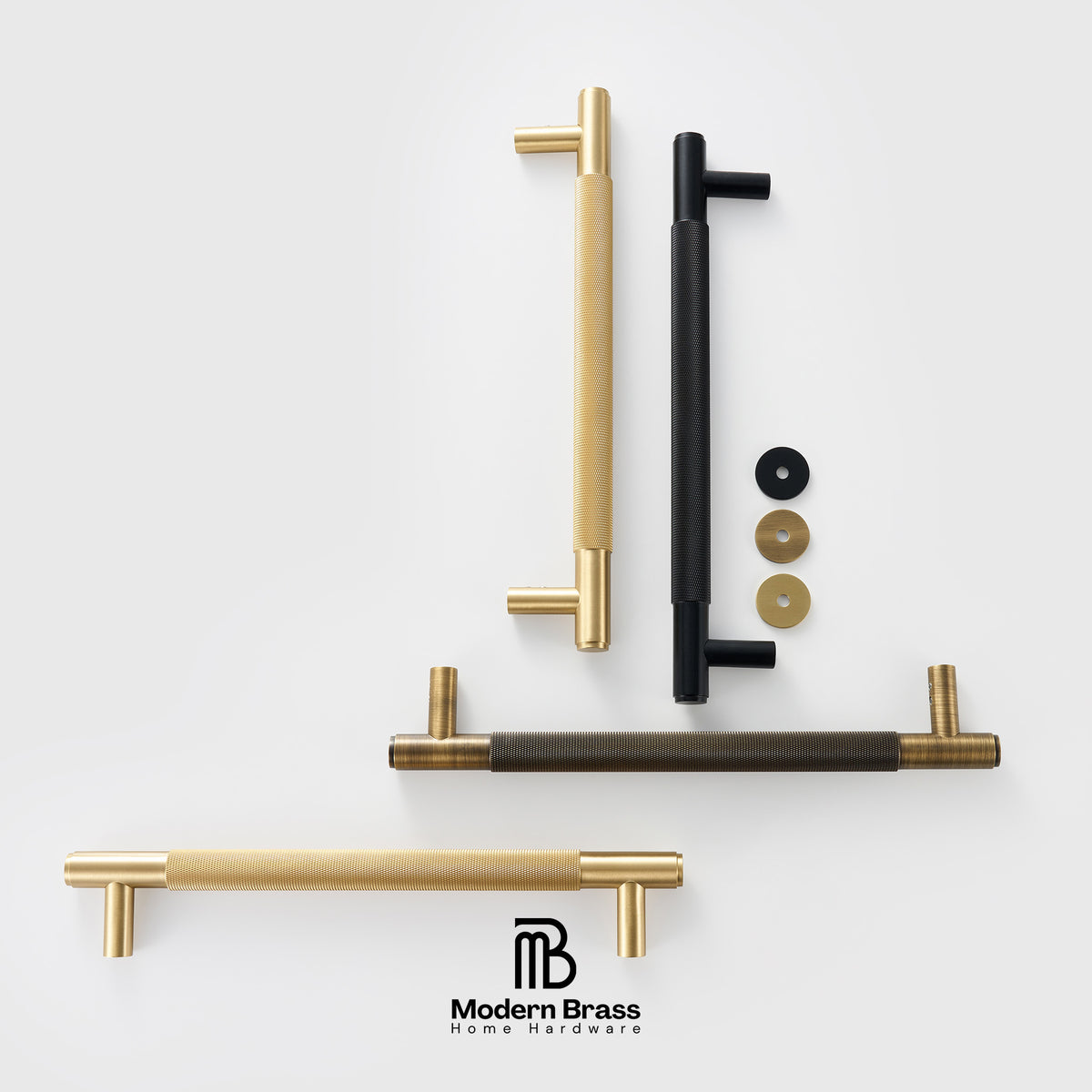 Set of modern door handles in gold, black, and bronze on a white background with 'Modern Brass' branding.