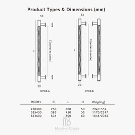 A product information diagram showing two radiator line drawings labeled DP08-A and DP08-B with dimensions in millimeters, plus a table below listing model numbers, C, L, H, and weight for Modern Brass home hardware.
