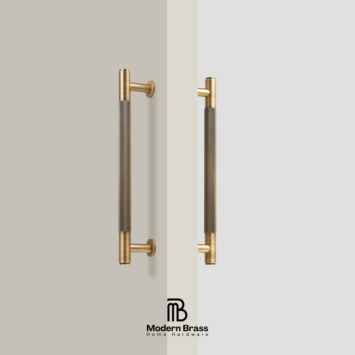 Pair of bronze door handles on a neutral background with 'Modern Brass' branding.