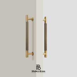 Pair of bronze door handles on a neutral background with 'Modern Brass' branding.