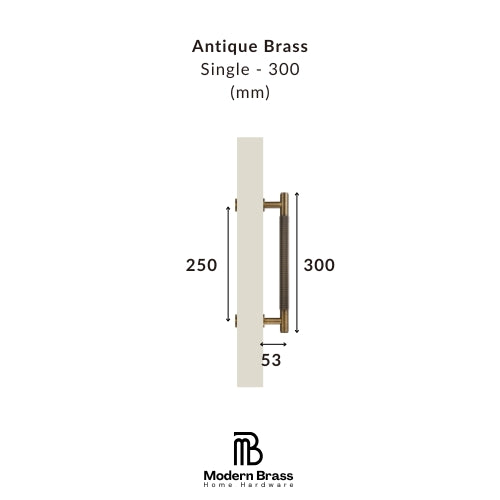 Measurement chart for an antique brass door handle on a white background with dimensions labeled.