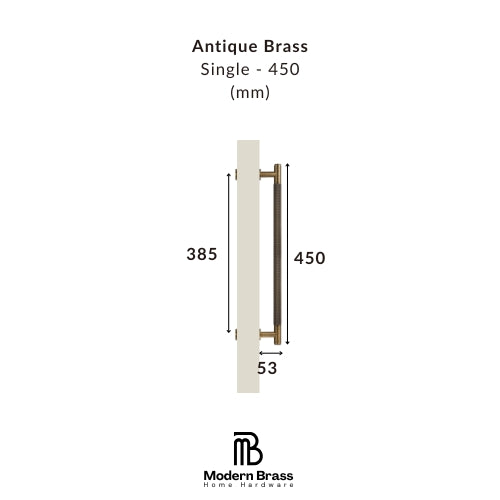 A dimension diagram of an antique brass single door handle, showing its height of 450 mm and width of 55 mm, with a vertical profile indicating a height of 420 mm. The product is labeled as 'Antique Brass Single - 450 (mm)' and features the 'Modern Brass Home Hardware' logo at the bottom.