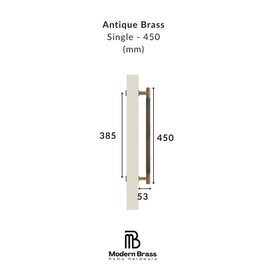 A dimension diagram of an antique brass single door handle, showing its height of 450 mm and width of 55 mm, with a vertical profile indicating a height of 420 mm. The product is labeled as 'Antique Brass Single - 450 (mm)' and features the 'Modern Brass Home Hardware' logo at the bottom.