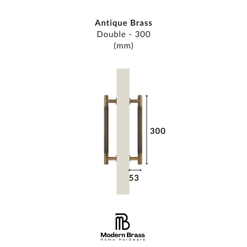 Measurement of an antique brass handle on a white background with 'Modern Brass' branding.