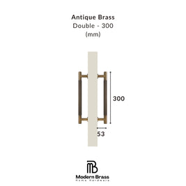 Measurement of an antique brass handle on a white background with 'Modern Brass' branding.