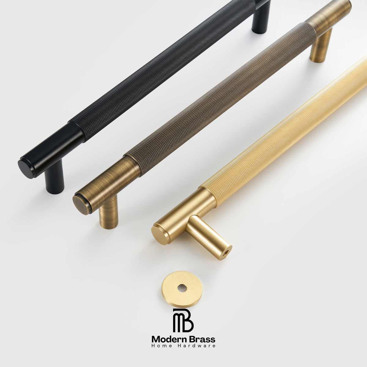 Three metallic cabinet handles in black, bronze, and gold on a white background with 'Modern Brass' branding.