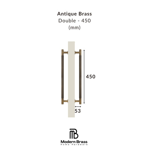 Antique brass double door handle with dimensions on a white background, featuring the Modern Brass logo.