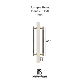 Antique brass double door handle with dimensions on a white background, featuring the Modern Brass logo.