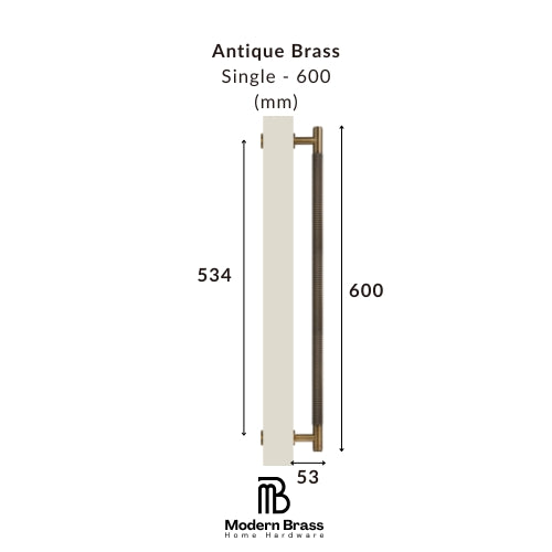 Measurement chart of an antique brass door handle with dimensions on a white background