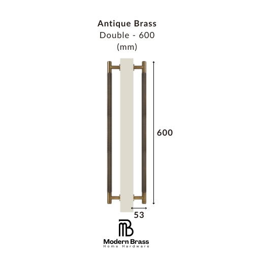 A product dimension diagram of an antique brass double door handle with dark gray grips, showing a height of 600 mm and a width of 55 mm, with the Modern Brass Home Hardware logo at the bottom.