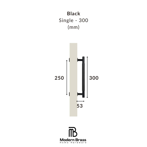 Measurement chart for a black door handle with dimensions labeled, on a white background.